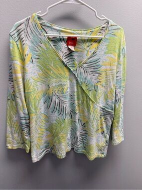 Hearts of Palm Leaf Print V-Neck Tunic in Yellow & Aqua